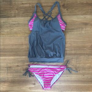 NWOT Gray and Pink Striped Tankini Set, S